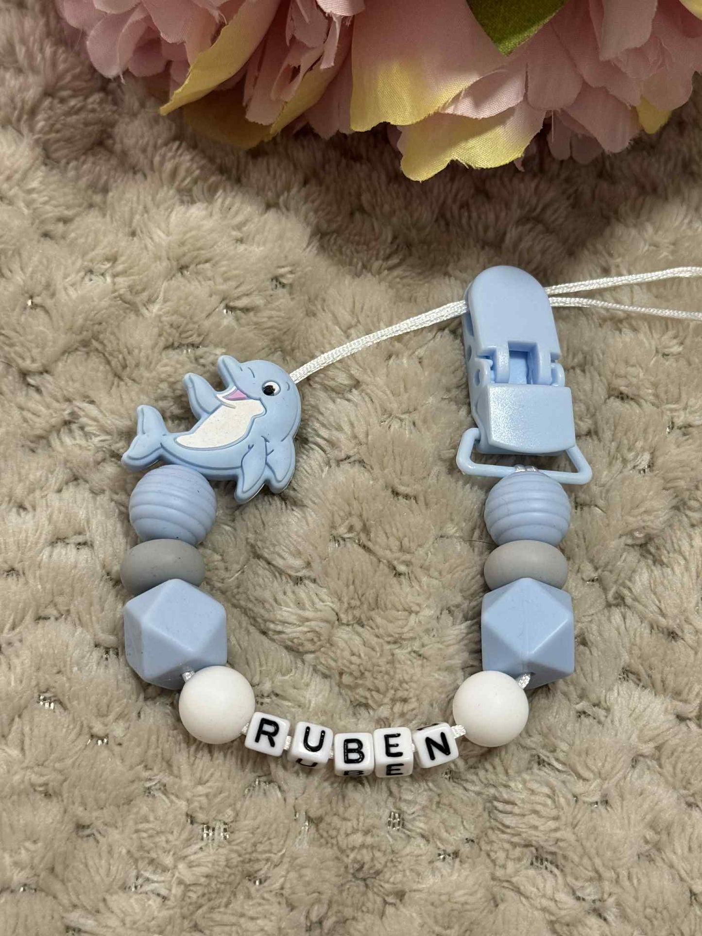 Blue Dolphin Dummy Clip - Custom Silicone Pacifier Holder (Plastic Letter Design)