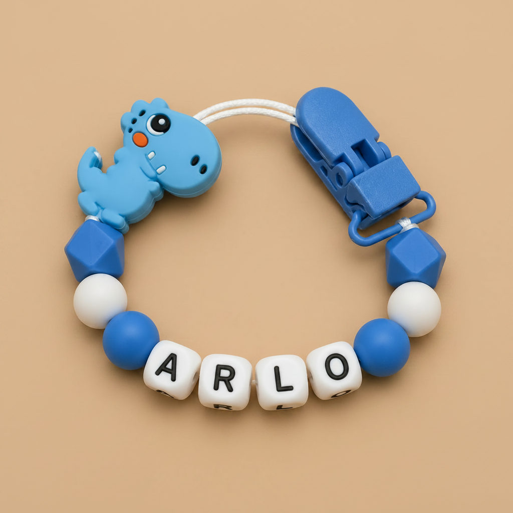 Personalised Dinosaur Dummy Clip - Blue & White (Silicone Letter Design)