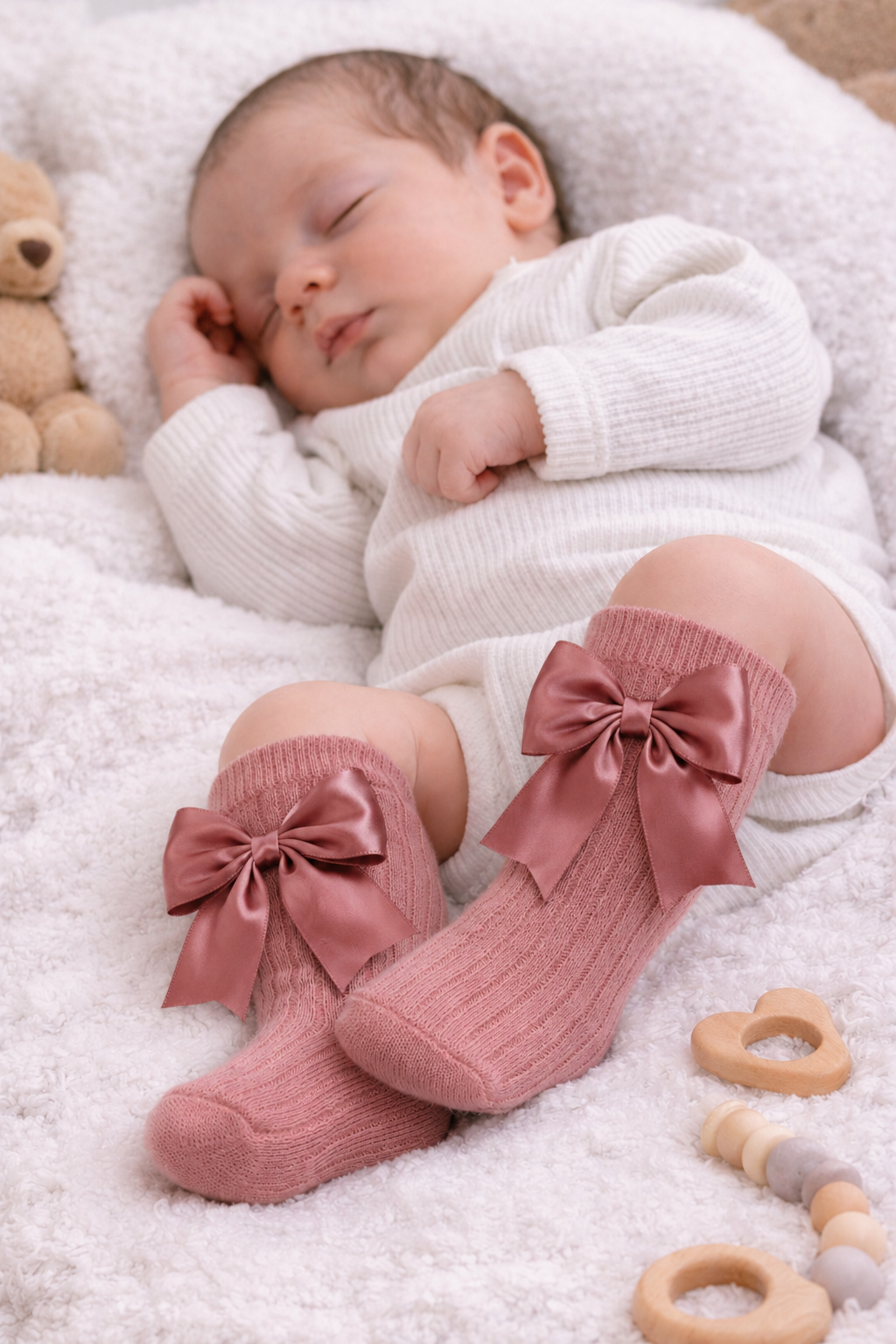 Dusky Pink Ribbed Knee High Baby Socks with Satin Bow β 0-24 Months