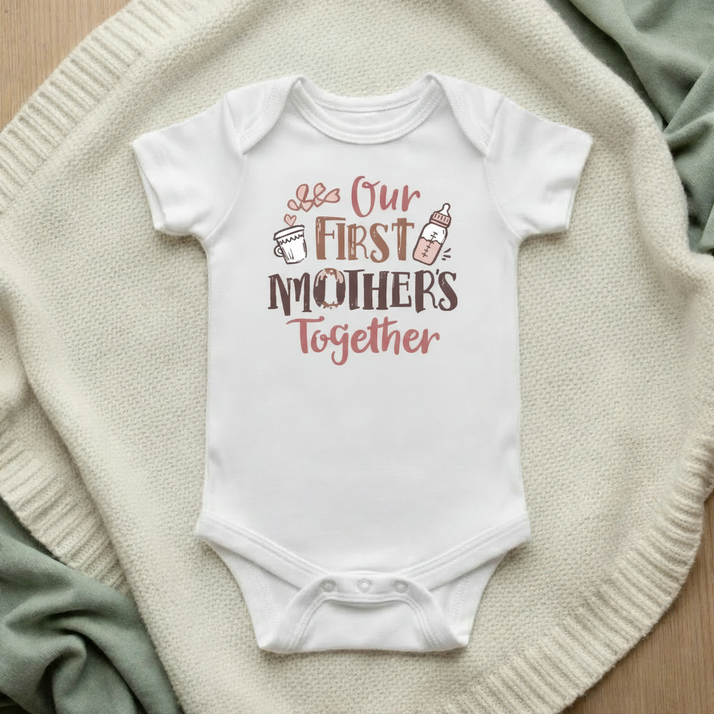 Our First Mother's Day Together baby bodysuit mockup flat lay on cream knit blanket