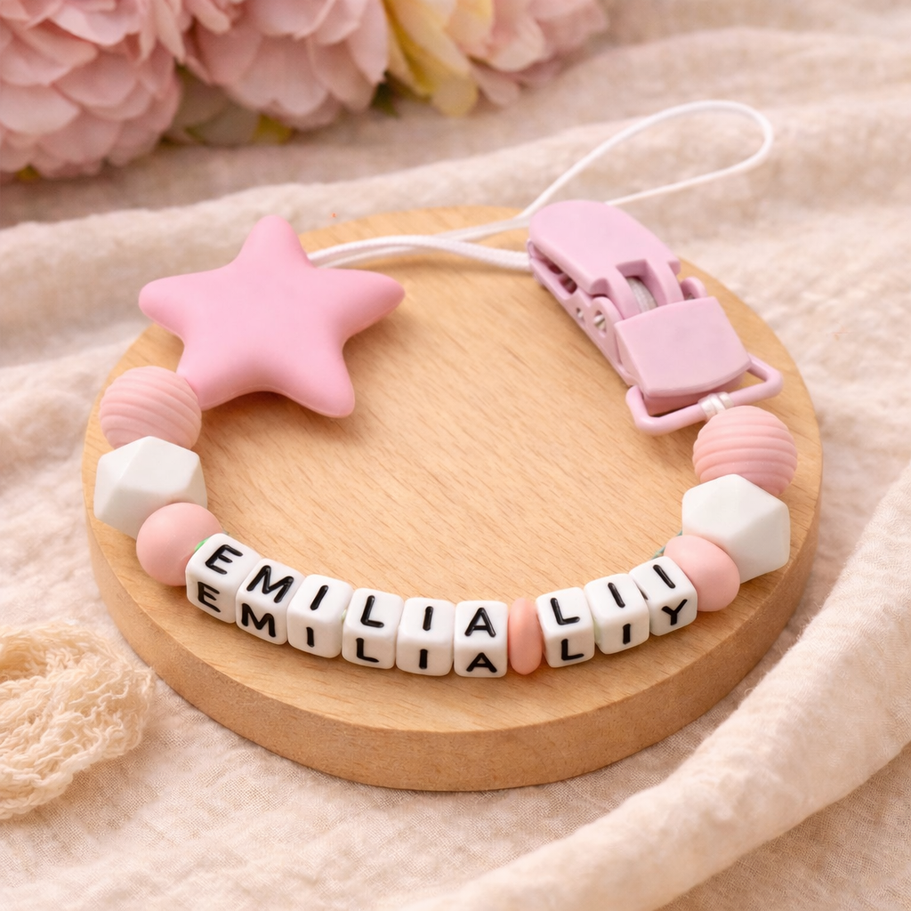 Personalised Pink Star Dummy Clip (Small Plastic Letter Design)