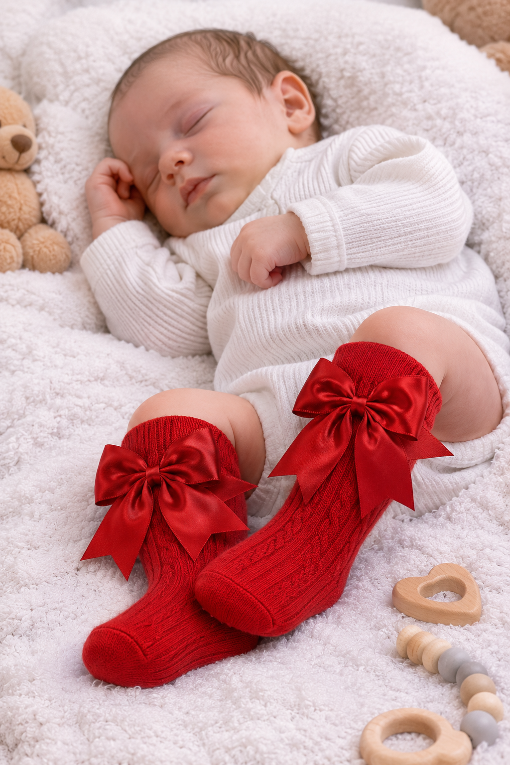 Red Ribbed Knee High Baby Socks with Satin Bow – 0-24 Months ✨ PRE-ORDER
