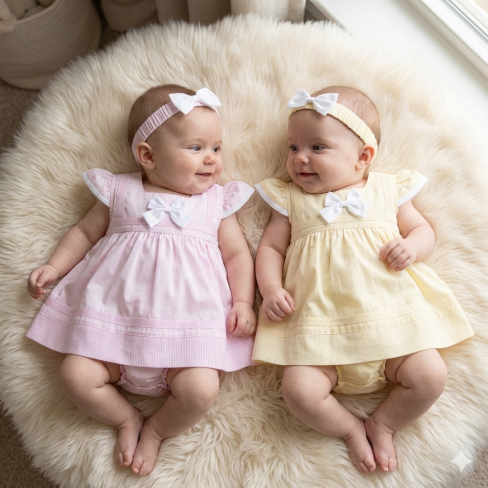 Baby girl wearing a pink 3-piece dress set with white bow, flutter sleeves, frilly bloomers and matching headband