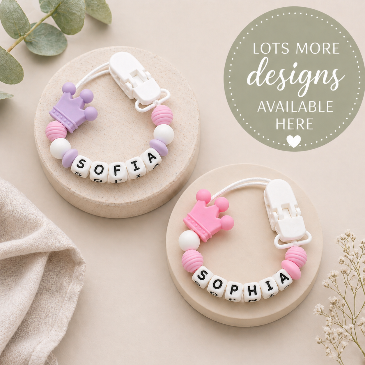 Baby Crown Personalised Dummy Clips - Pinks, Liac's Lemon's