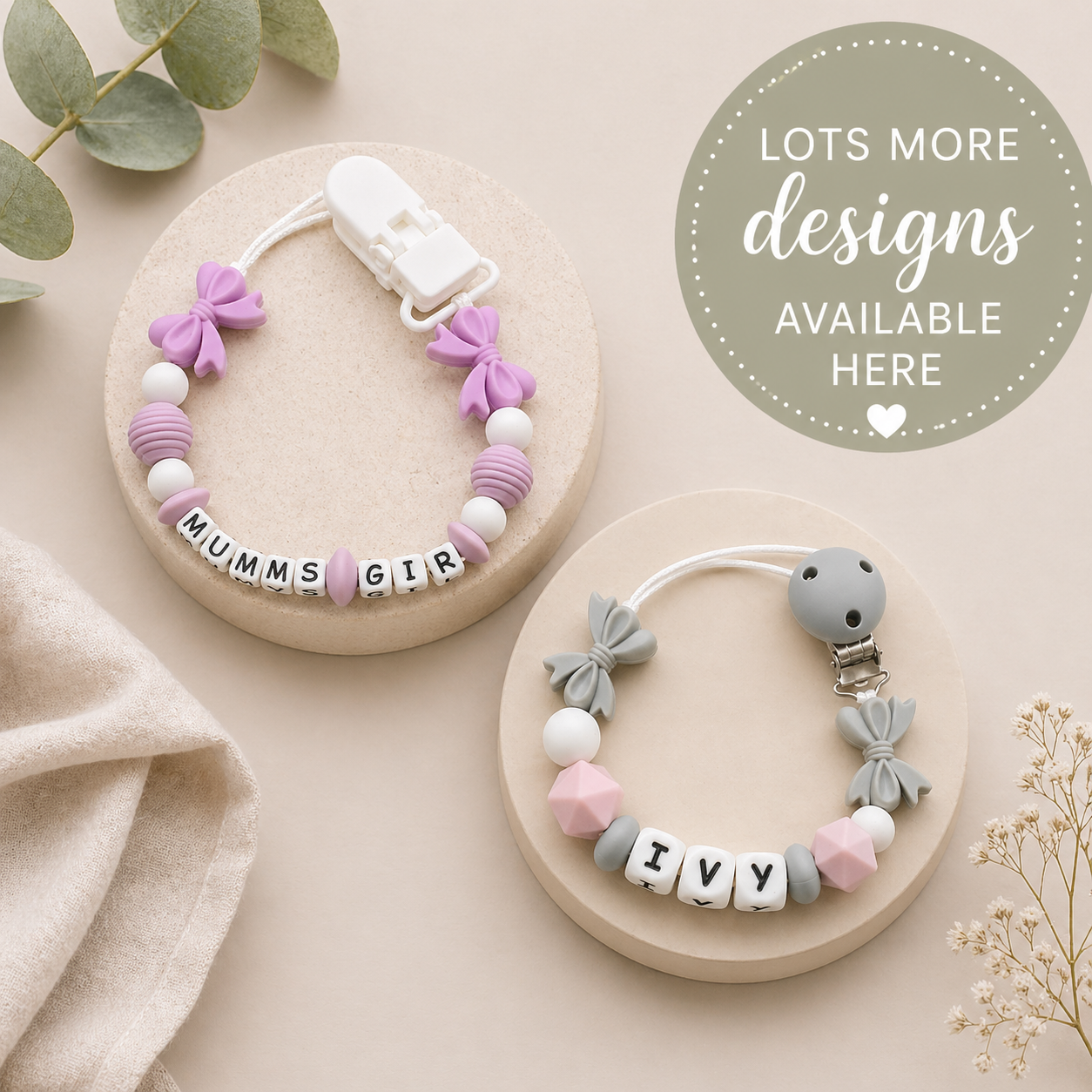 Baby Girls Bow Style Personalised Silicone Dummy Clips