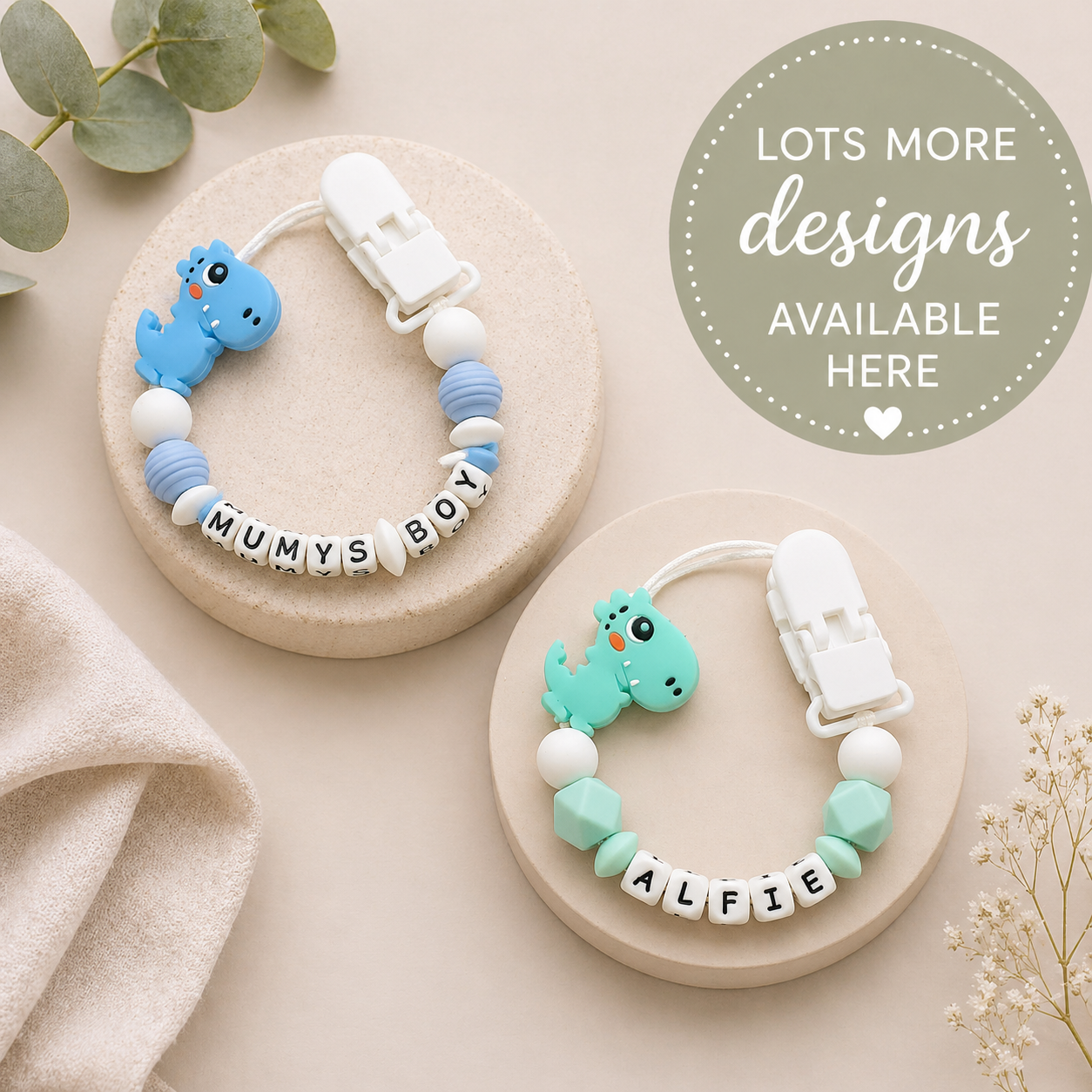 Personalised Dinosaur Silicone Dummy Clips