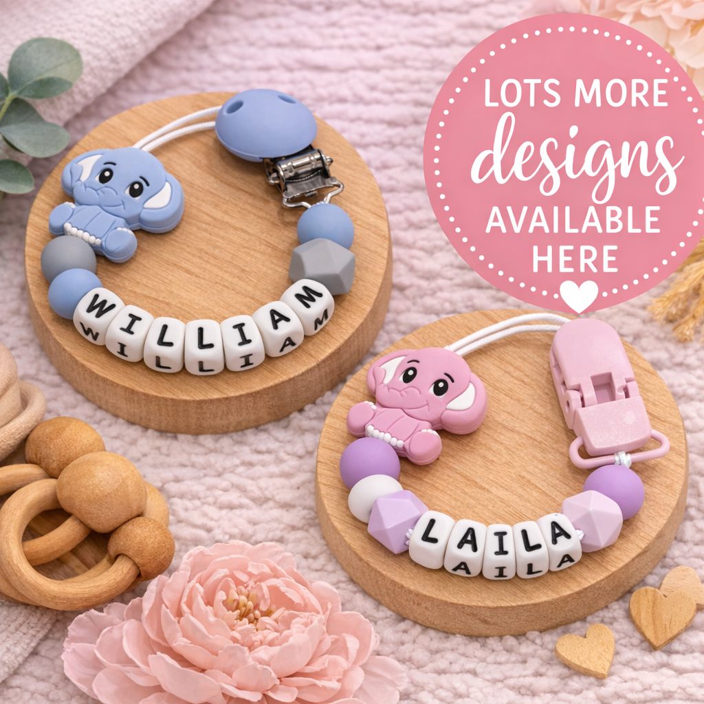 Personalised Elephant Silicone Dummy Clips - Pinks
