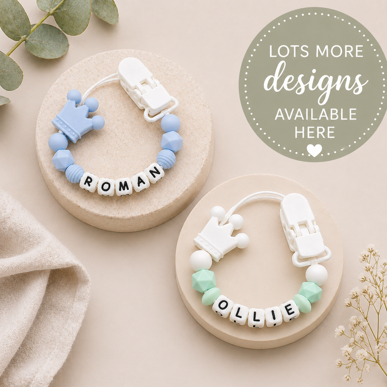 Crown Style Personalised Dummy Clips – Blue, Grey, Green, Beige
