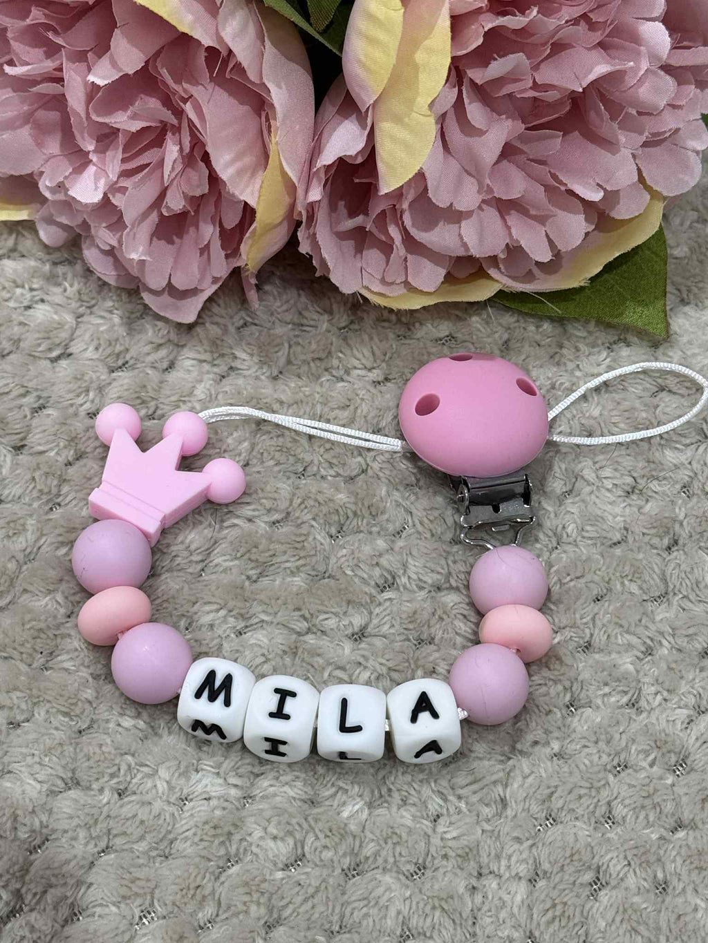 Personalised Dummy holder, Pacifier chain, Mam dummy clip new baby gift - CROWN