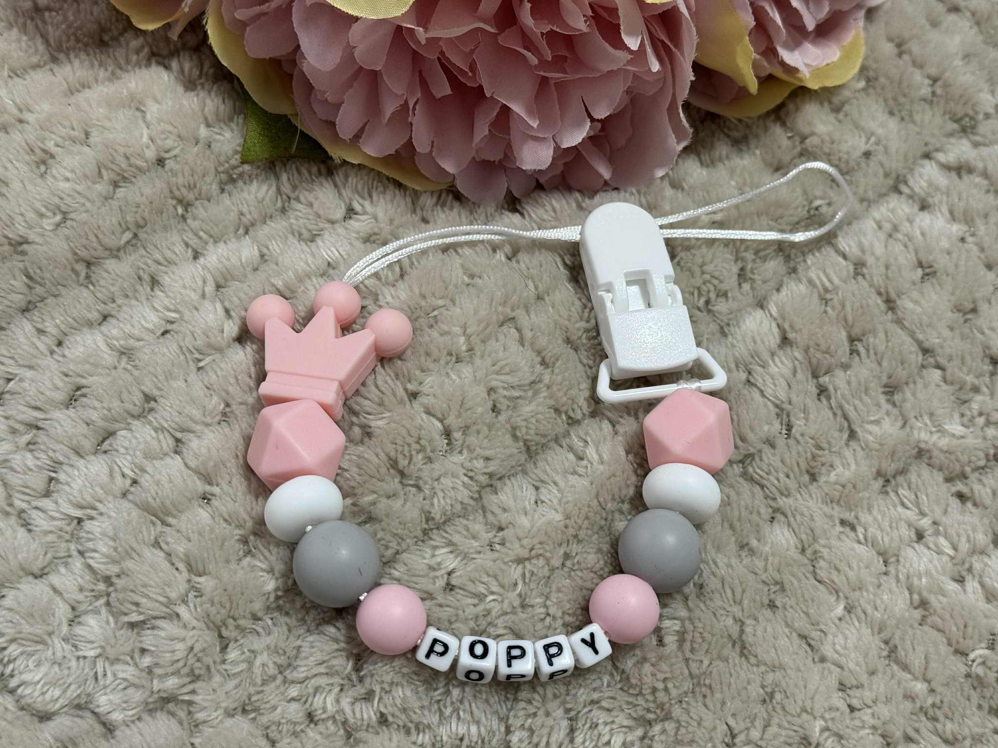 Personalised Dummy holder, Pacifier chain, Mam dummy clip new baby gift - CROWN