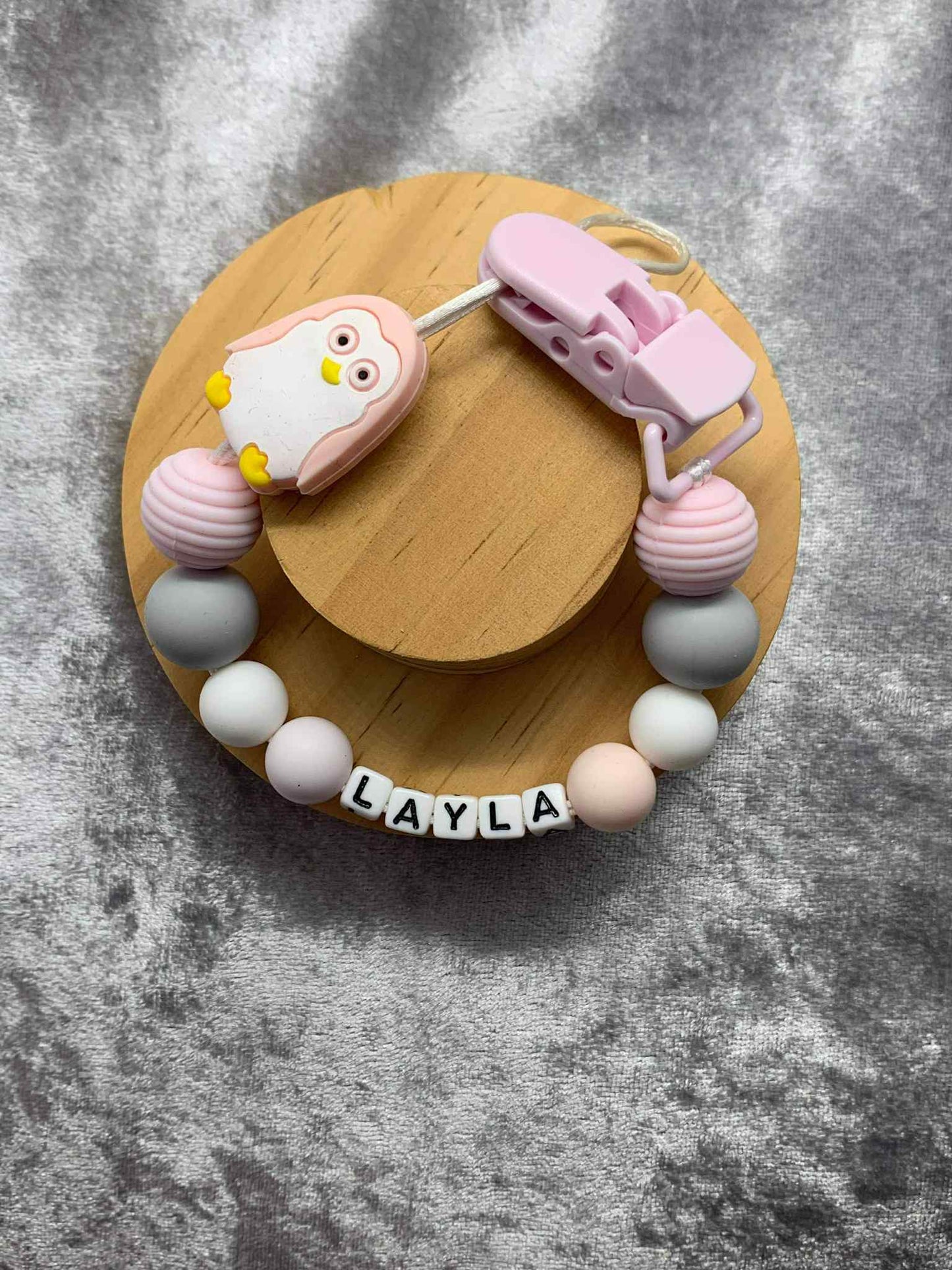 Pink Penguin Dummy Clip - Custom Silicone Pacifier Holder (Plastic Letter Design)