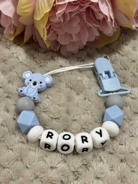 Blue Koala Dummy Clip - Custom Silicone Pacifier Holder (Silicone Letter Design)