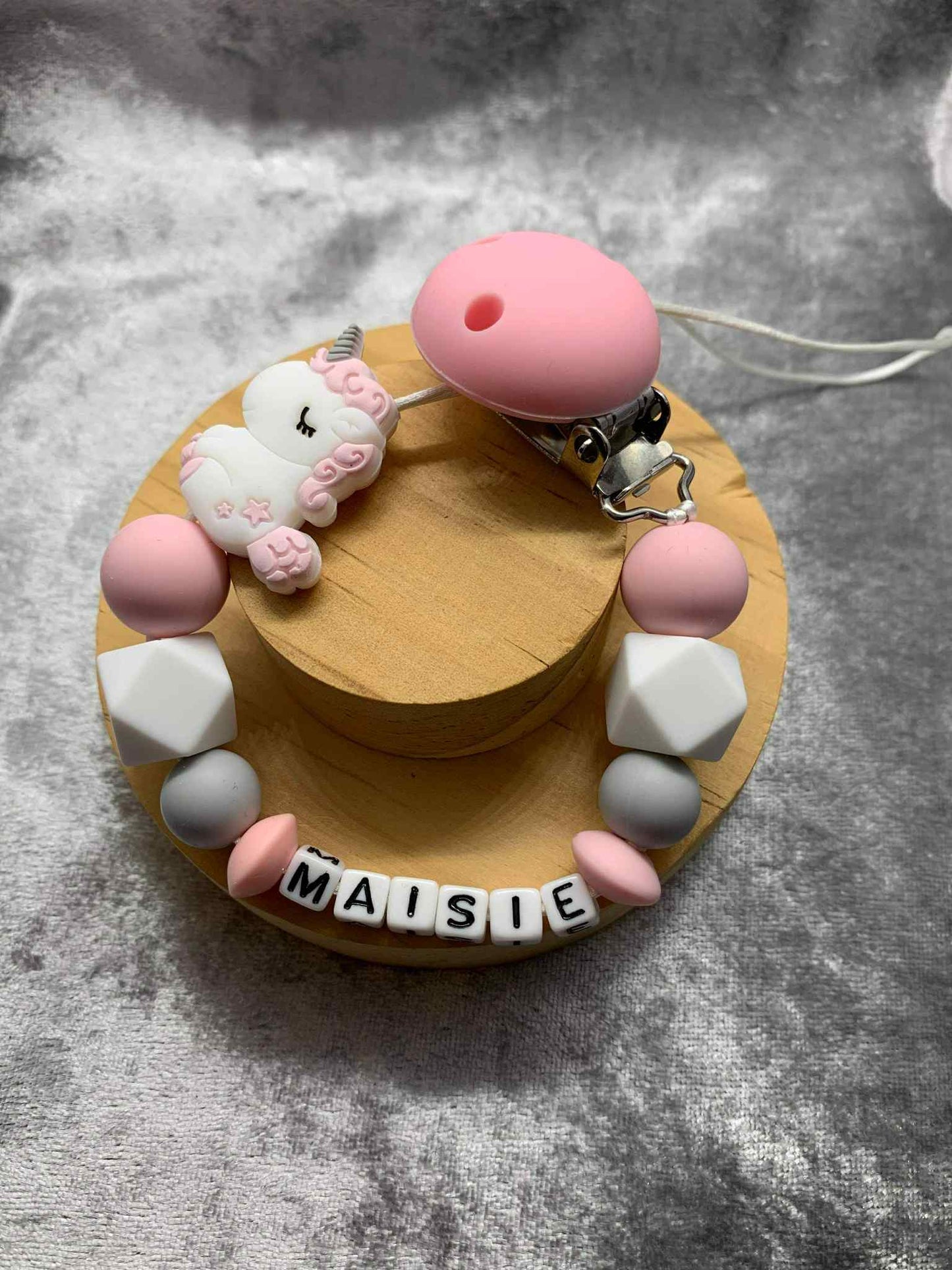 Baby Unicorn Dummy Clip - Custom Silicone Pacifier Holder (Plastic Letter Design)