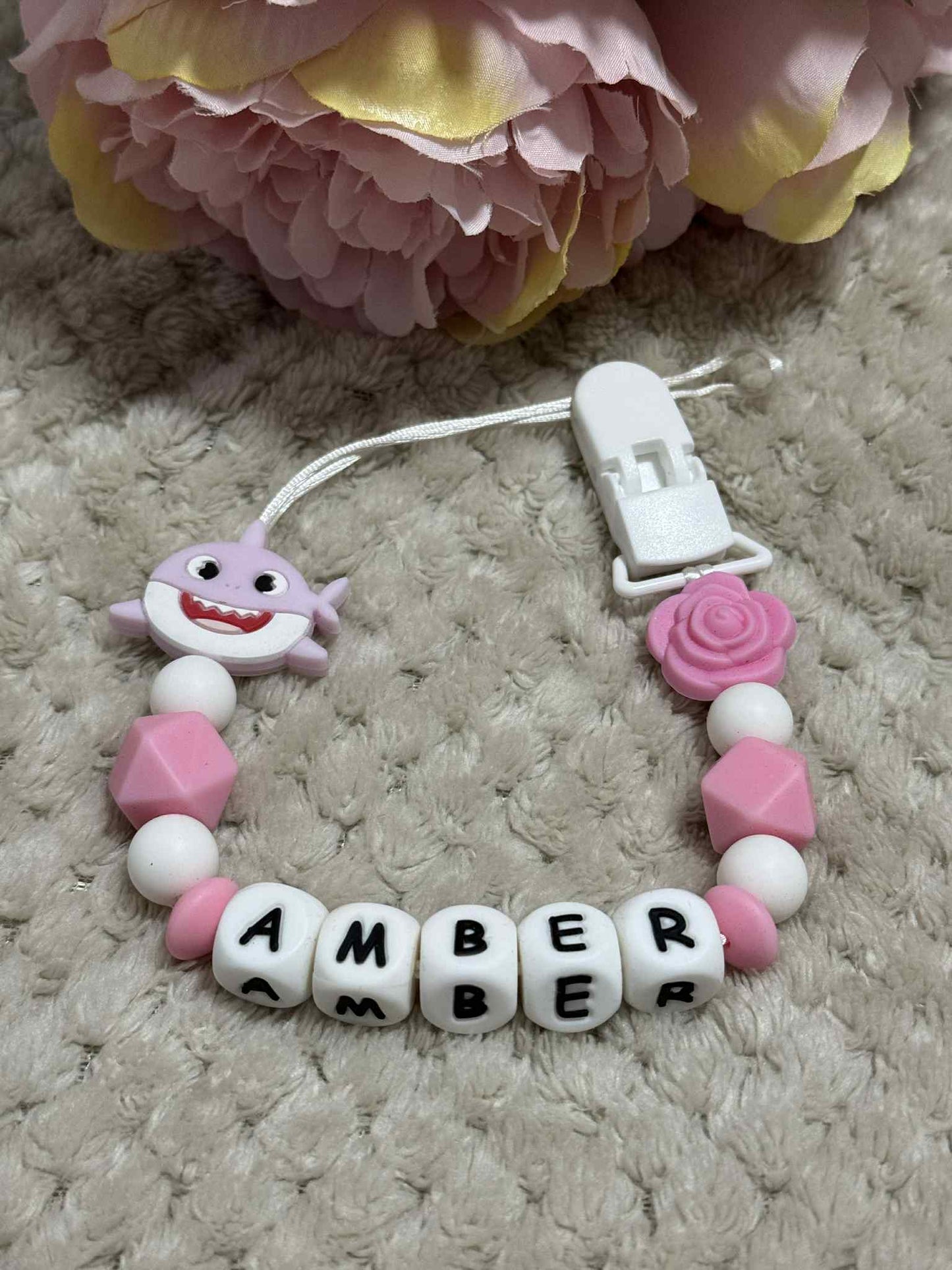 Pink Shark Dummy Clip - Custom Silicone Pacifier Holder (Silicone Letter Design)