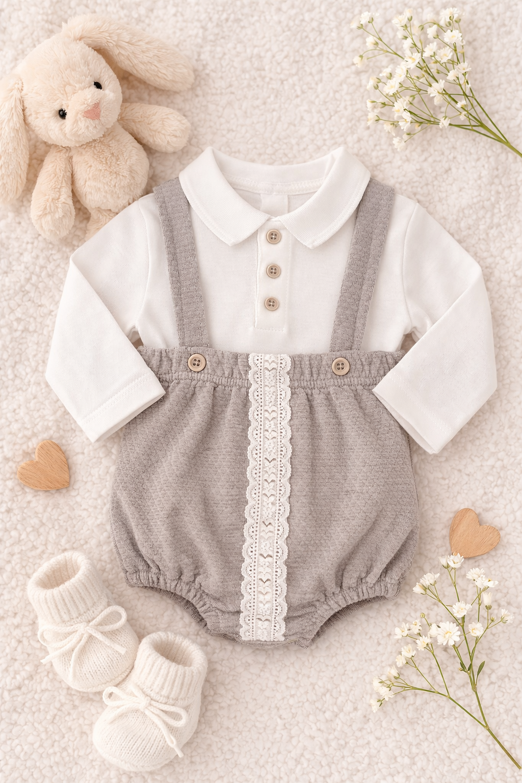 2-Piece Spanish Baby Romper Set - Grey Lace Trim with Peter Pan Collar