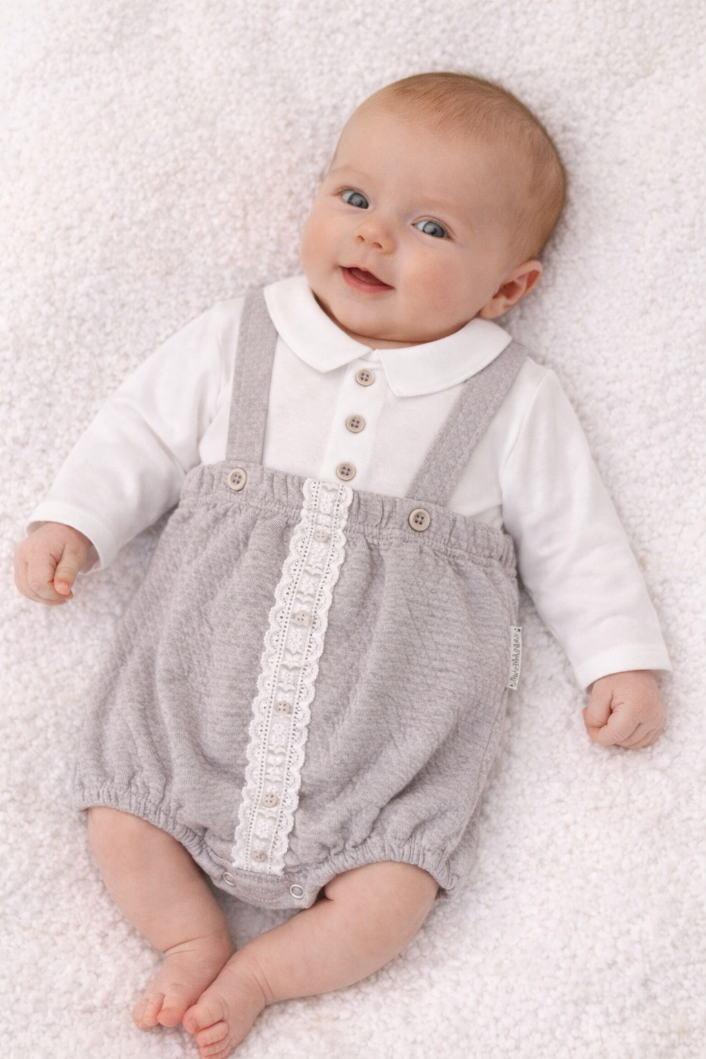 2-Piece Spanish Baby Romper Set - Grey Lace Trim with Peter Pan Collar