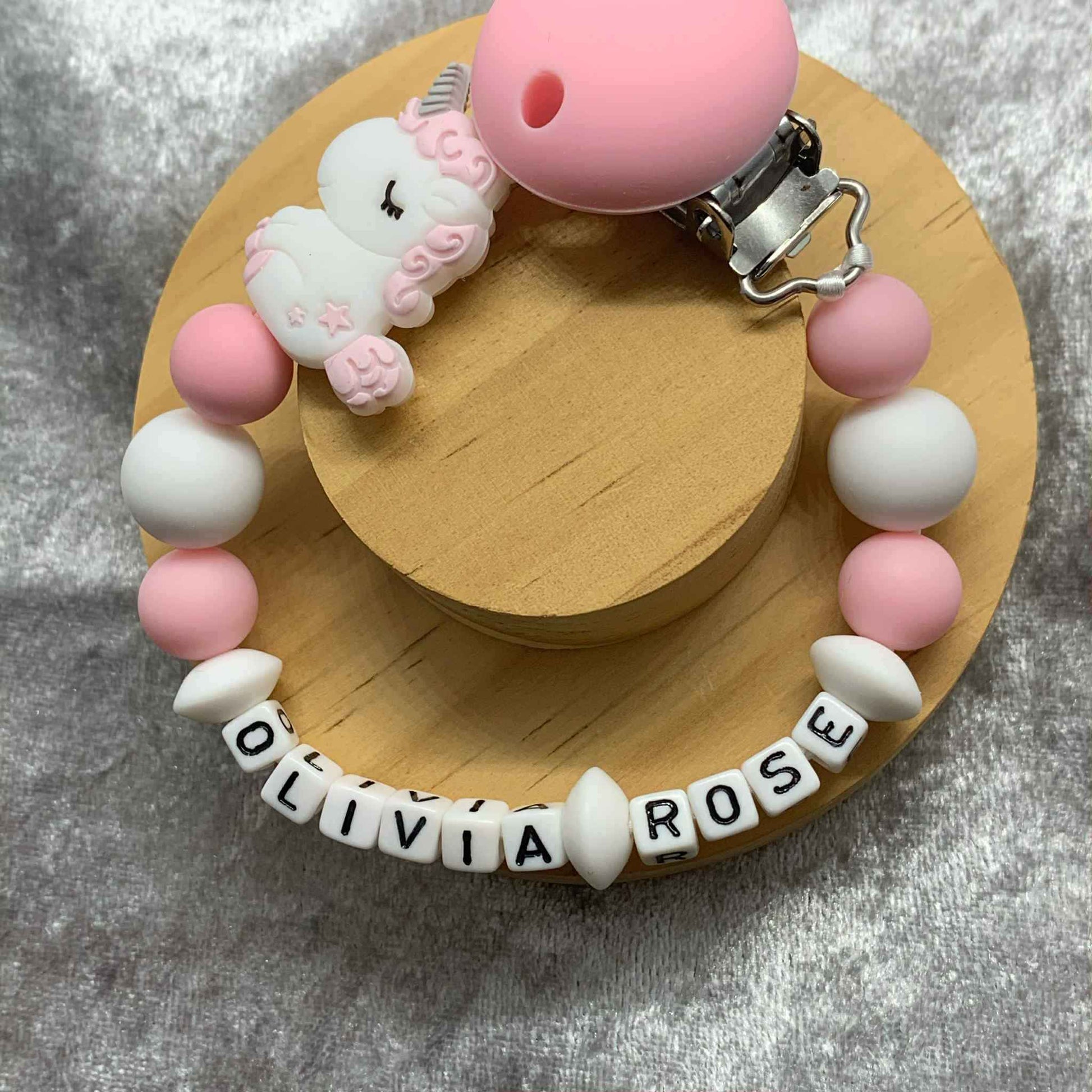 Pink Unicorn Dummy Clip - Custom Silicone Pacifier Holder (Plastic Letter Design)