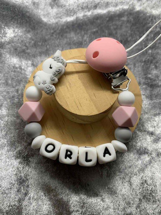 Grey & Pink Unicorn Dummy Clip - Custom Silicone Pacifier Holder (Silicone Letter Design)