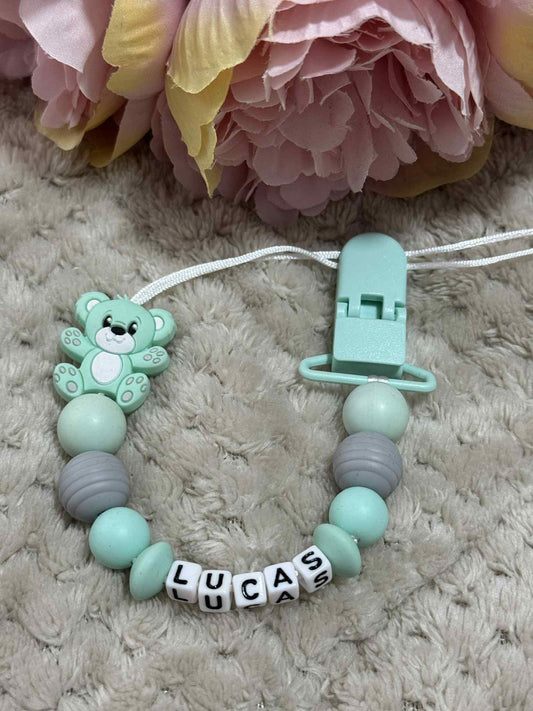 Personalised Teddy Bear Dummy Clip – Mint Green & Grey (Small Plastic Letter Design)