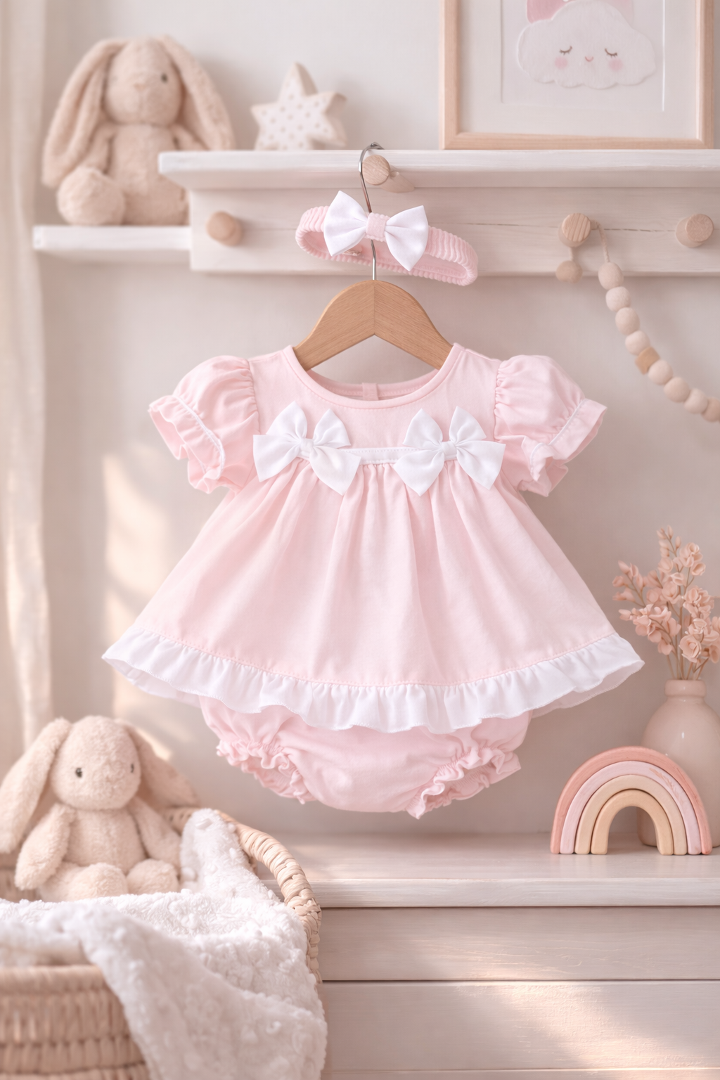 Pink baby dress with white ruffles on a wooden hanger against a neutral background.