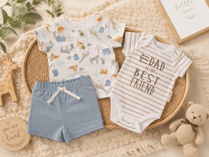 Baby clothing set with shorts and bodysuits on a textured surface with a teddy bear and framed text.