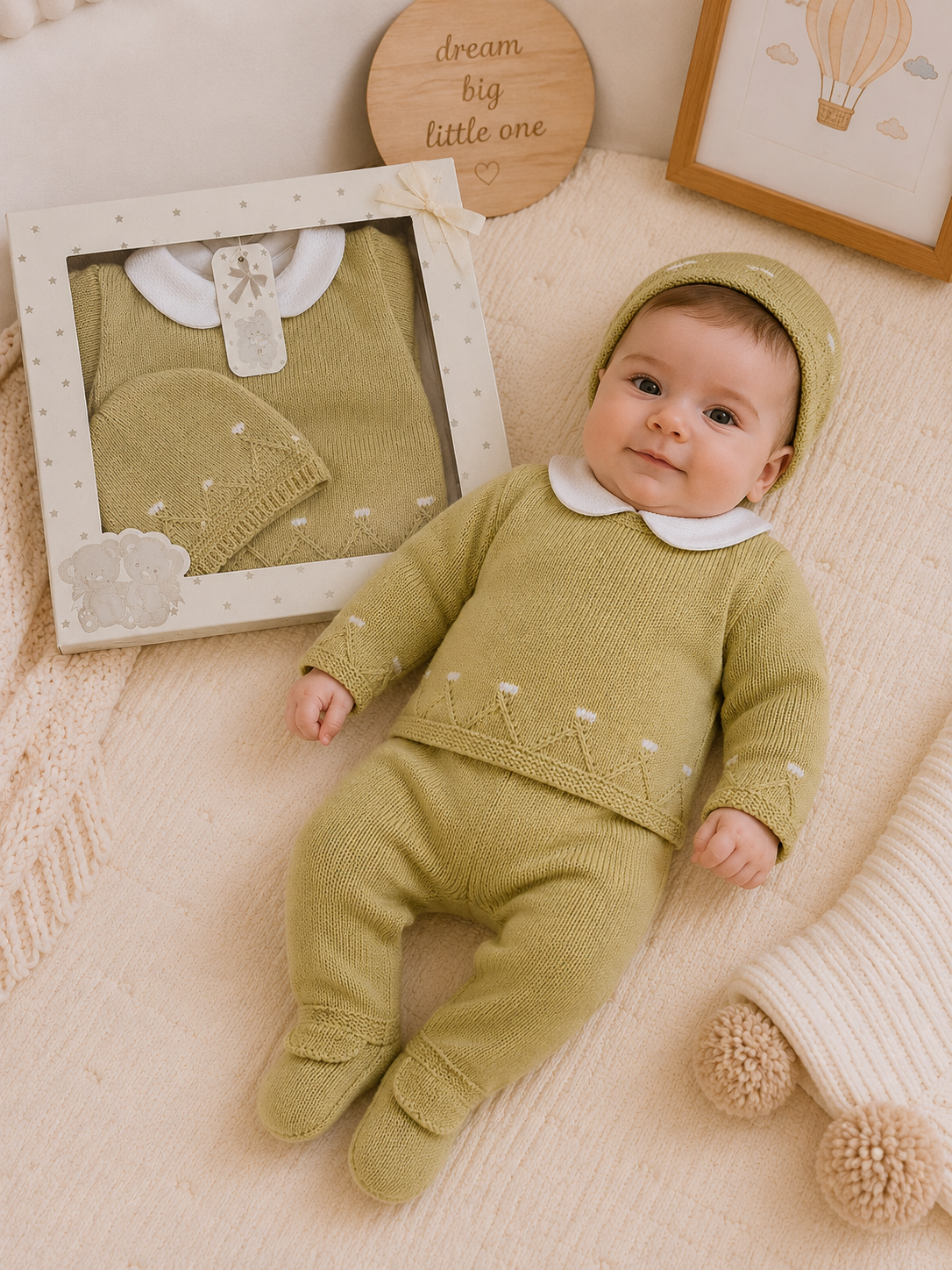 Baby in a green outfit lying on a soft surface with framed pictures in the background.