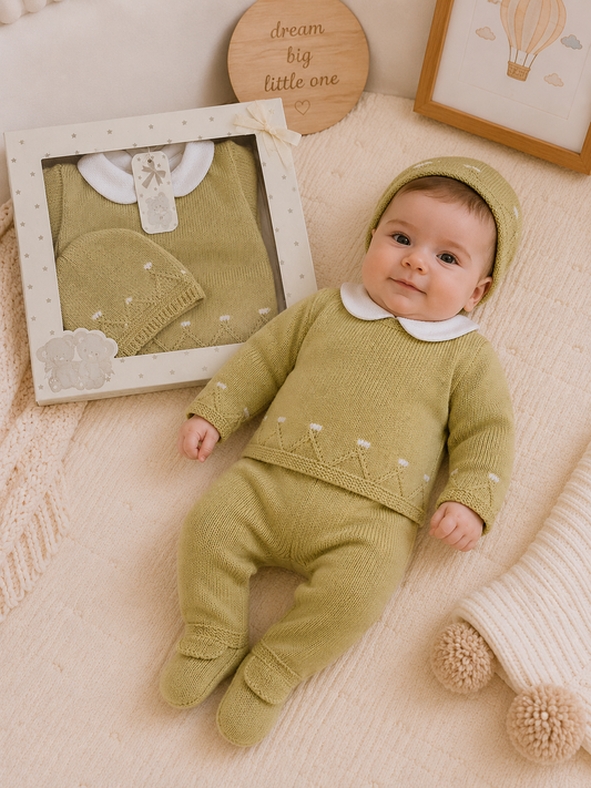 Baby in a green outfit lying on a soft surface with framed pictures in the background.