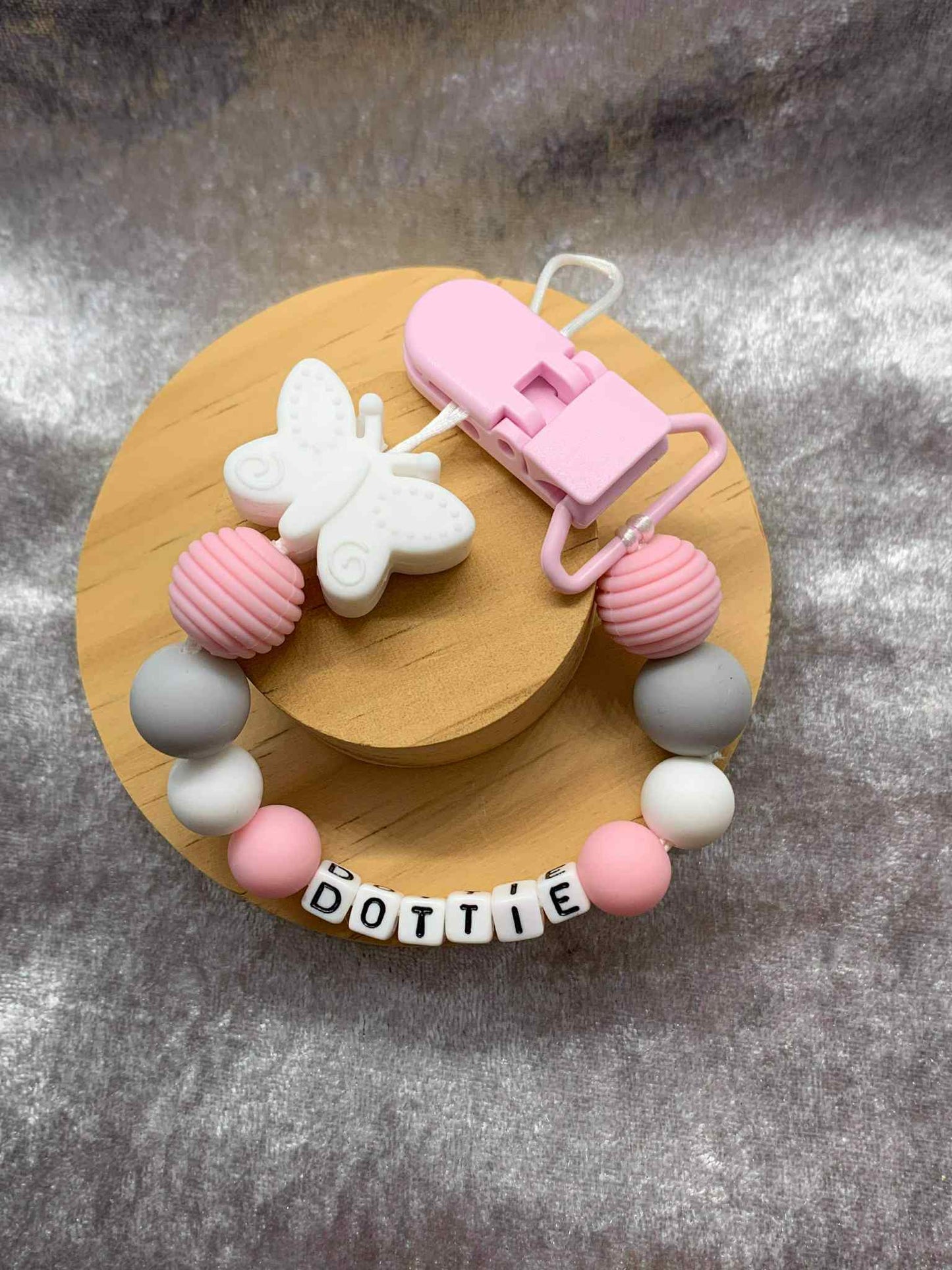 White Butterfly Dummy Clip - Custom Silicone Pacifier Holder (Plastic Letter Design)
