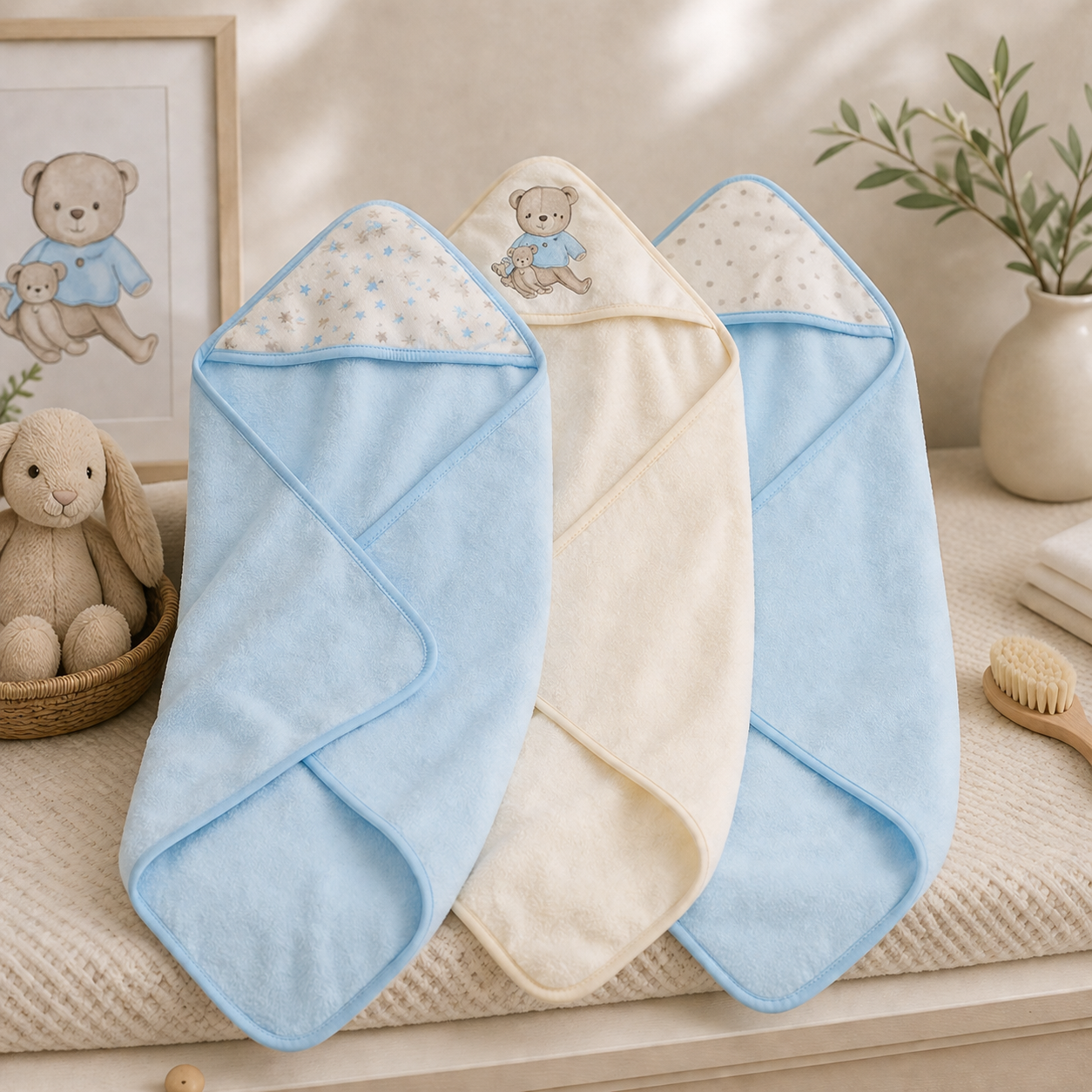 Two baby swaddles, one blue and one beige, on a neutral background with toys and decor.