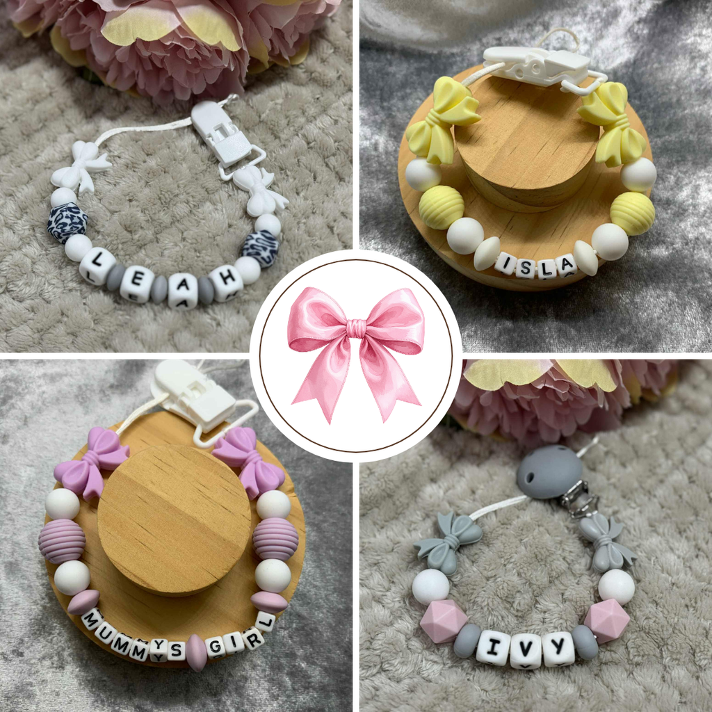 Collage of personalized baby dummy clips with names on a textured surface.