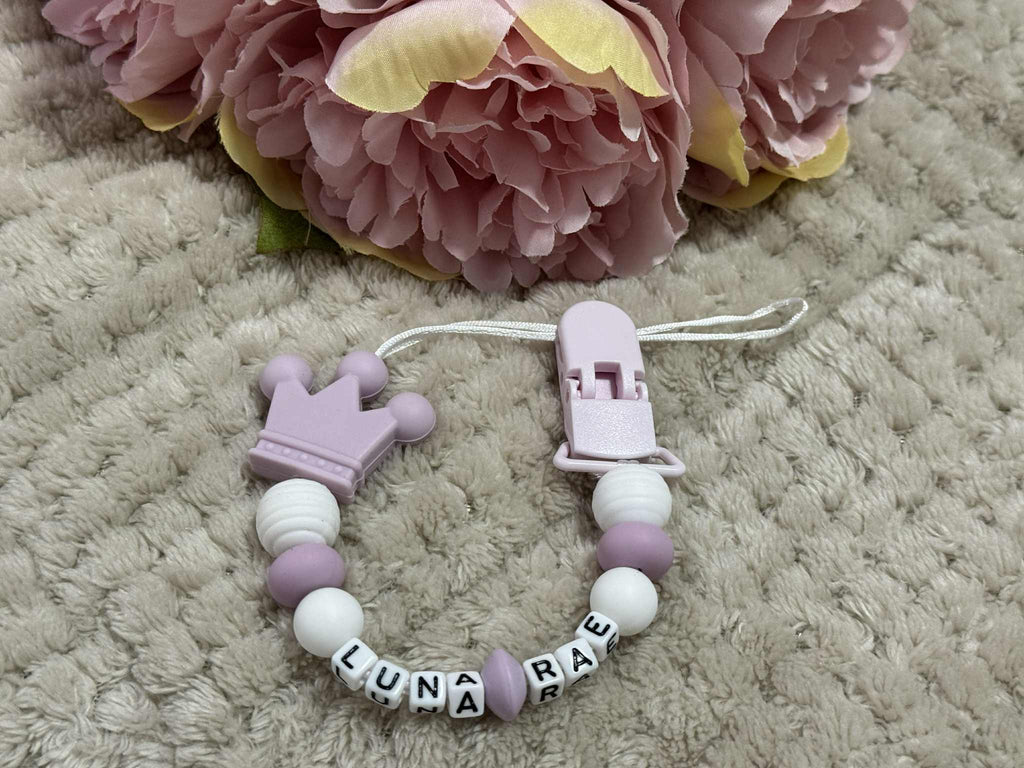 Personalised Dummy holder, Pacifier chain, Mam dummy clip new baby gift - CROWN