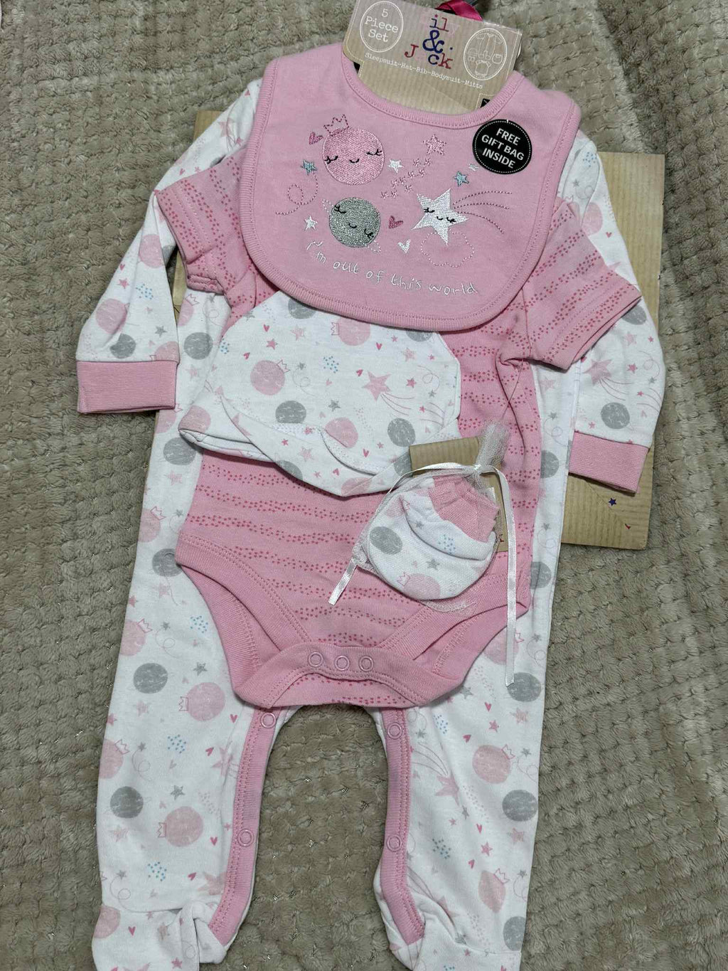 Baby Girls 5 Piece Matching Moon & Stars Set & Giftbag
