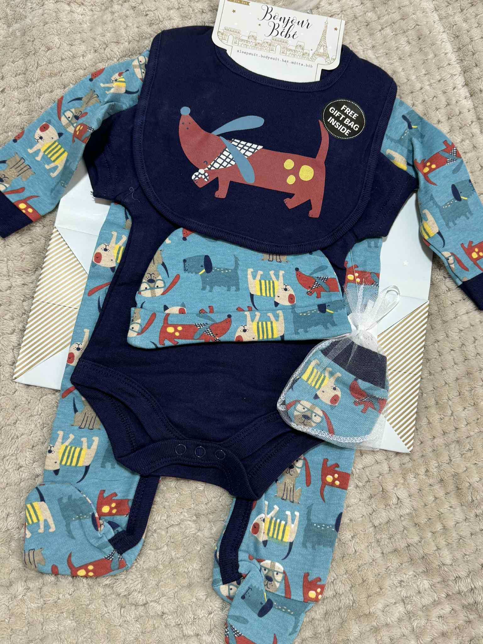 Baby Boys 5 Piece Matching Dog Set & Giftbag