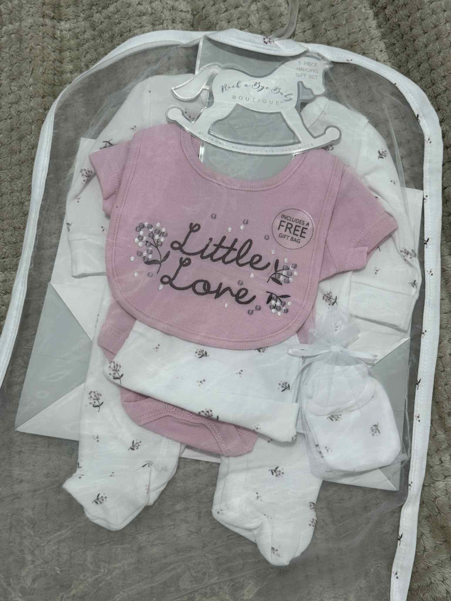 Baby Girls 5 Piece Matching Floral 'Little Love' Set & Giftbag