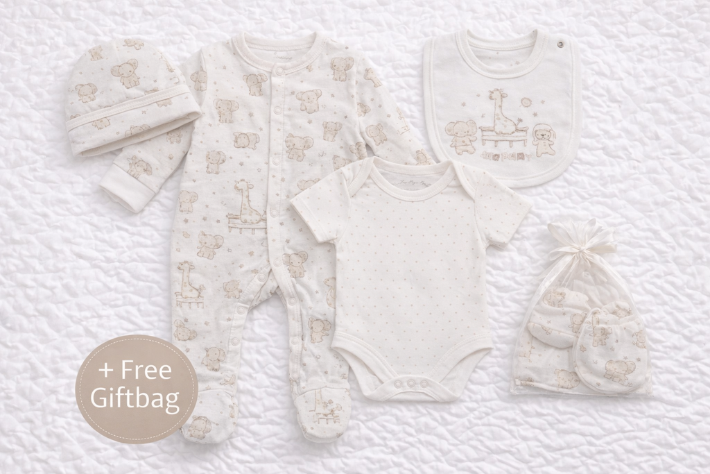 Baby clothing set with hat, onesie, and bag on a textured white surface