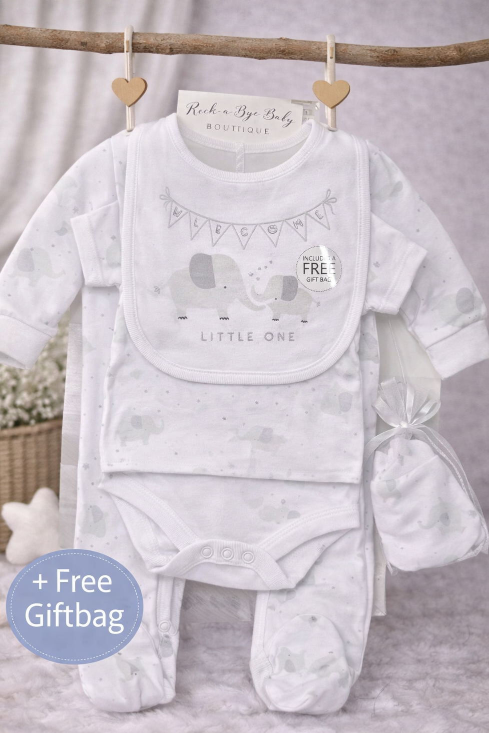 Unisex 5-Piece White Elephant Baby Gift Set with Gift Bag