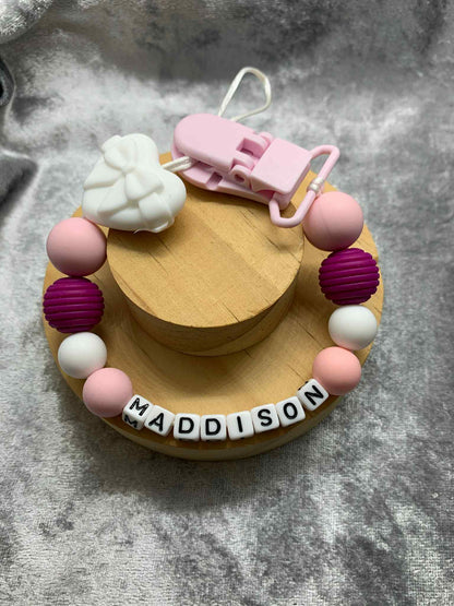 Personalised Heart Dummy Clip for Baby Girls – Custom Name