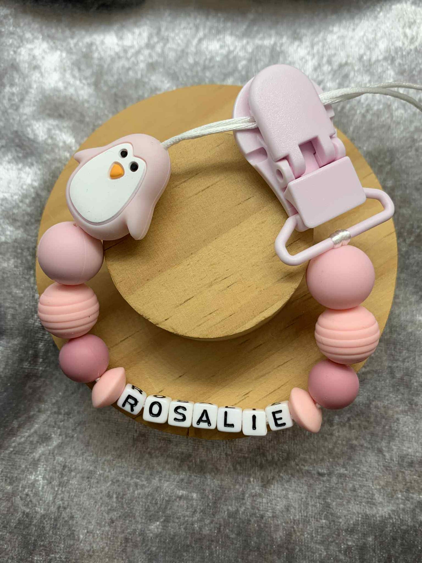 Dusky Pink Penguin Dummy Clip - Custom Silicone Pacifier Holder (Plastic Letter Design)