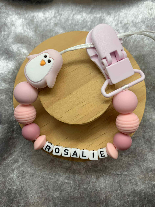 Dusky Pink Penguin Dummy Clip - Custom Silicone Pacifier Holder (Plastic Letter Design)