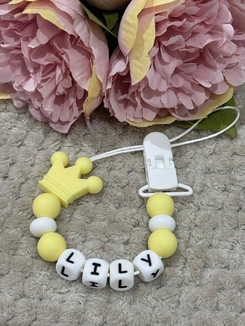 Personalised Dummy holder, Pacifier chain, Mam dummy clip new baby gift - CROWN