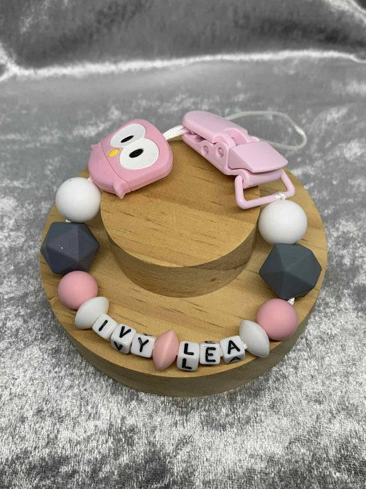 Pink Owl Dummy Clip - Custom Silicone Pacifier Holder (Plastic Letter Design)