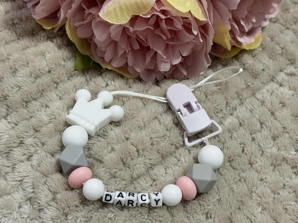 Personalised Dummy holder, Pacifier chain, Mam dummy clip new baby gift - CROWN