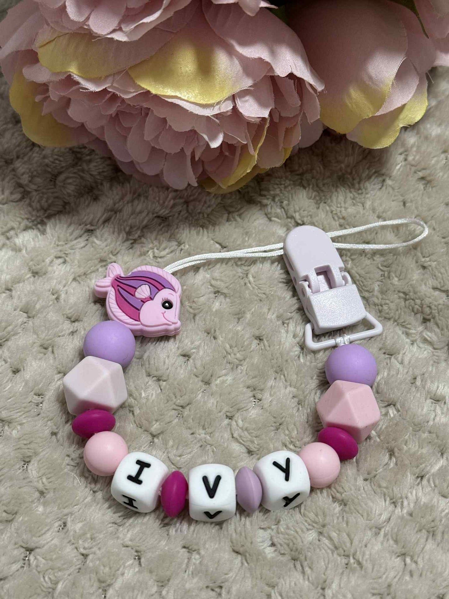Pink Fish Dummy Clip - Custom Silicone Pacifier Holder (Silicone Letter Design)
