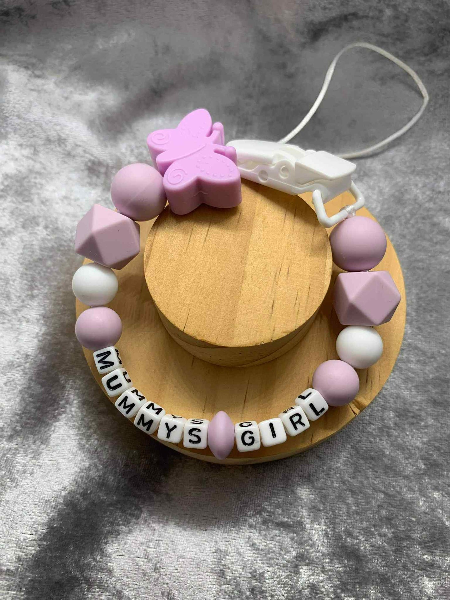Lilac Butterfly Dummy Clip - Custom Silicone Pacifier Holder (Plastic Letter Design)