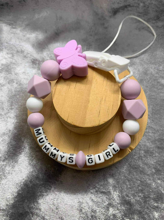 Lilac Butterfly Dummy Clip - Custom Silicone Pacifier Holder (Plastic Letter Design)
