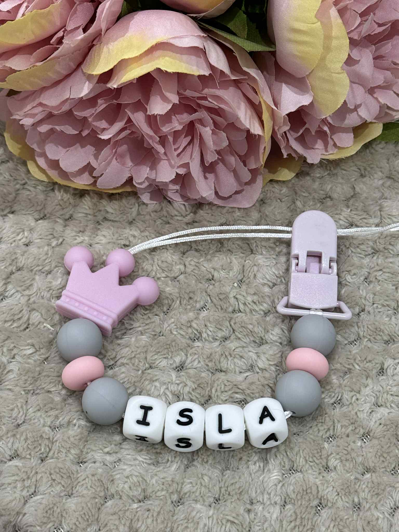 Personalised Dummy holder, Pacifier chain, Mam dummy clip new baby gift - CROWN