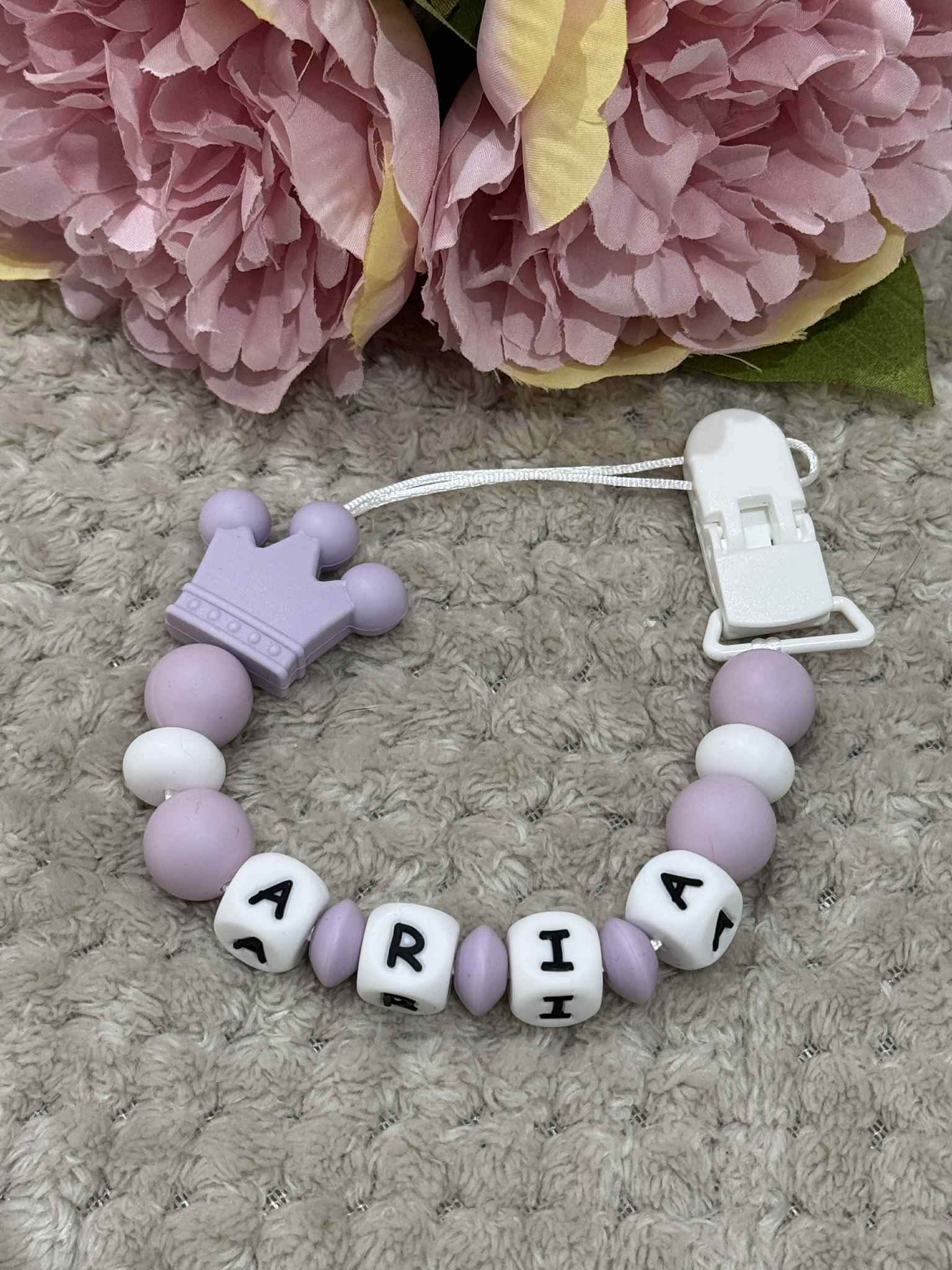 Personalised Dummy holder, Pacifier chain, Mam dummy clip new baby gift - CROWN