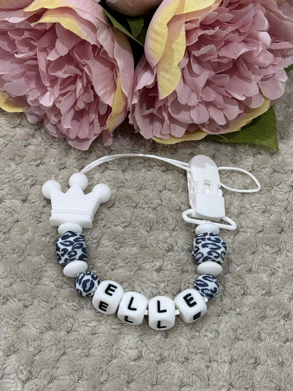 Personalised Dummy holder, Pacifier chain, Mam dummy clip new baby gift - CROWN