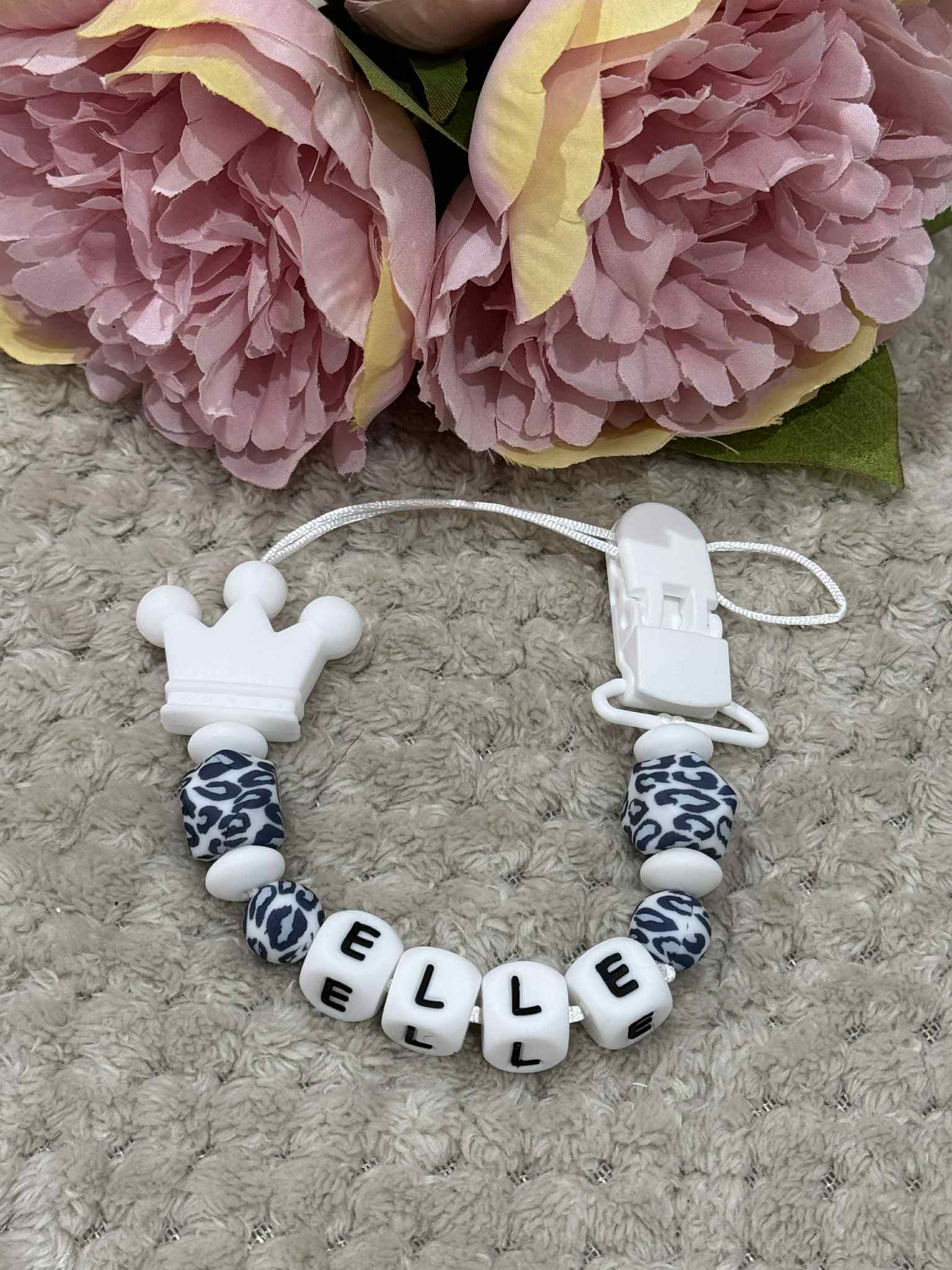 Personalised Dummy holder, Pacifier chain, Mam dummy clip new baby gift - CROWN