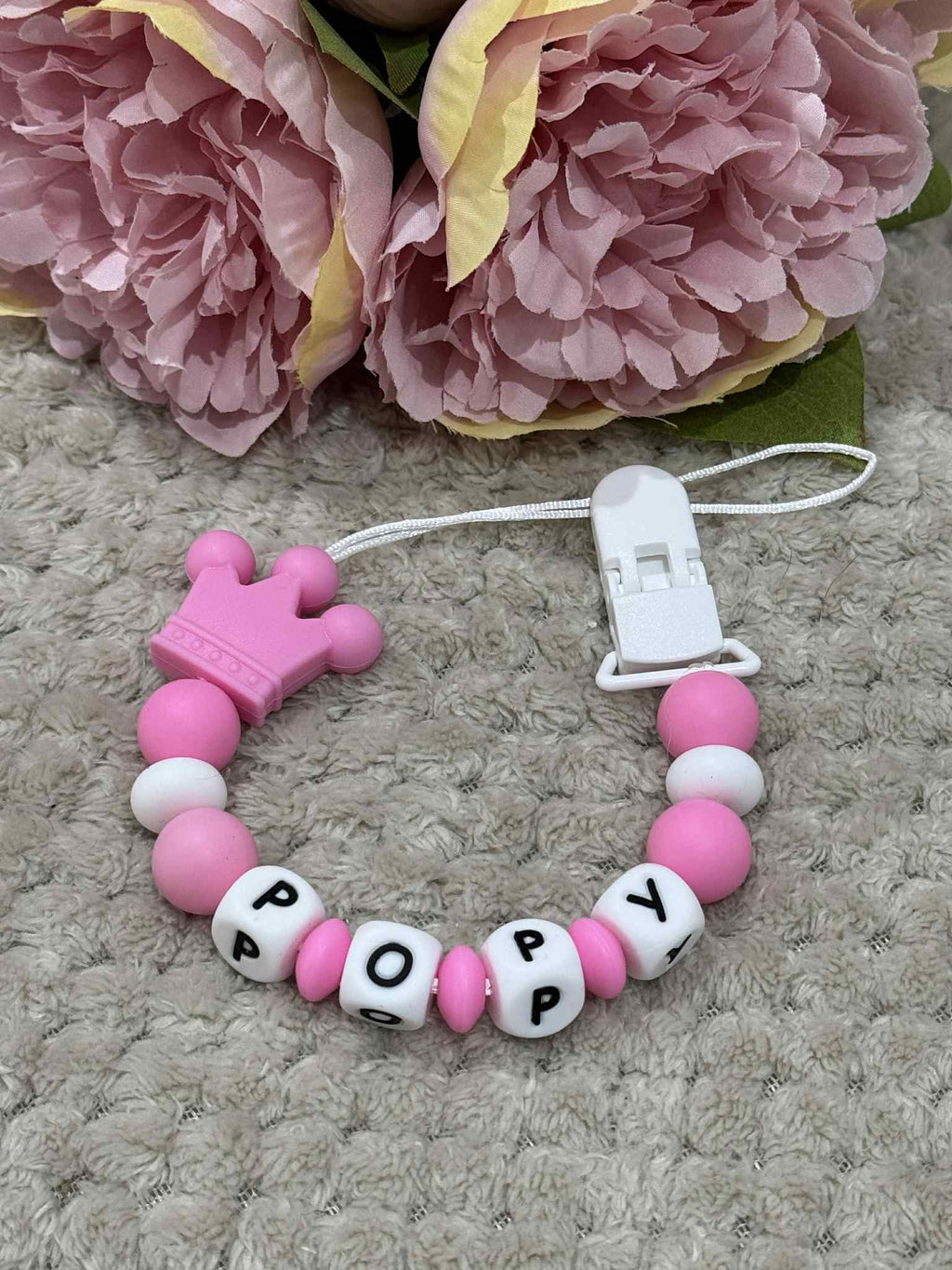 Personalised Dummy holder, Pacifier chain, Mam dummy clip new baby gift - CROWN